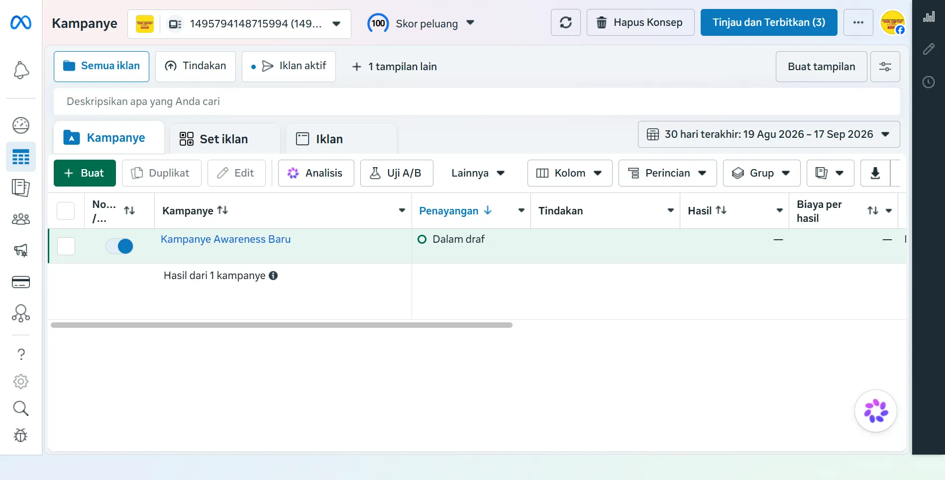 Antarmuka Meta Ads Manager RM Pak Cipto