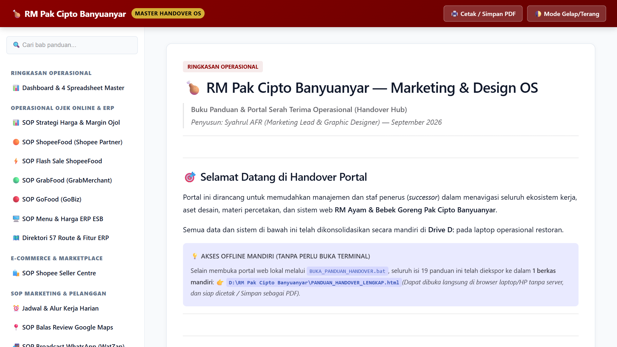 Antarmuka Master Handover Portal OS RM Pak Cipto