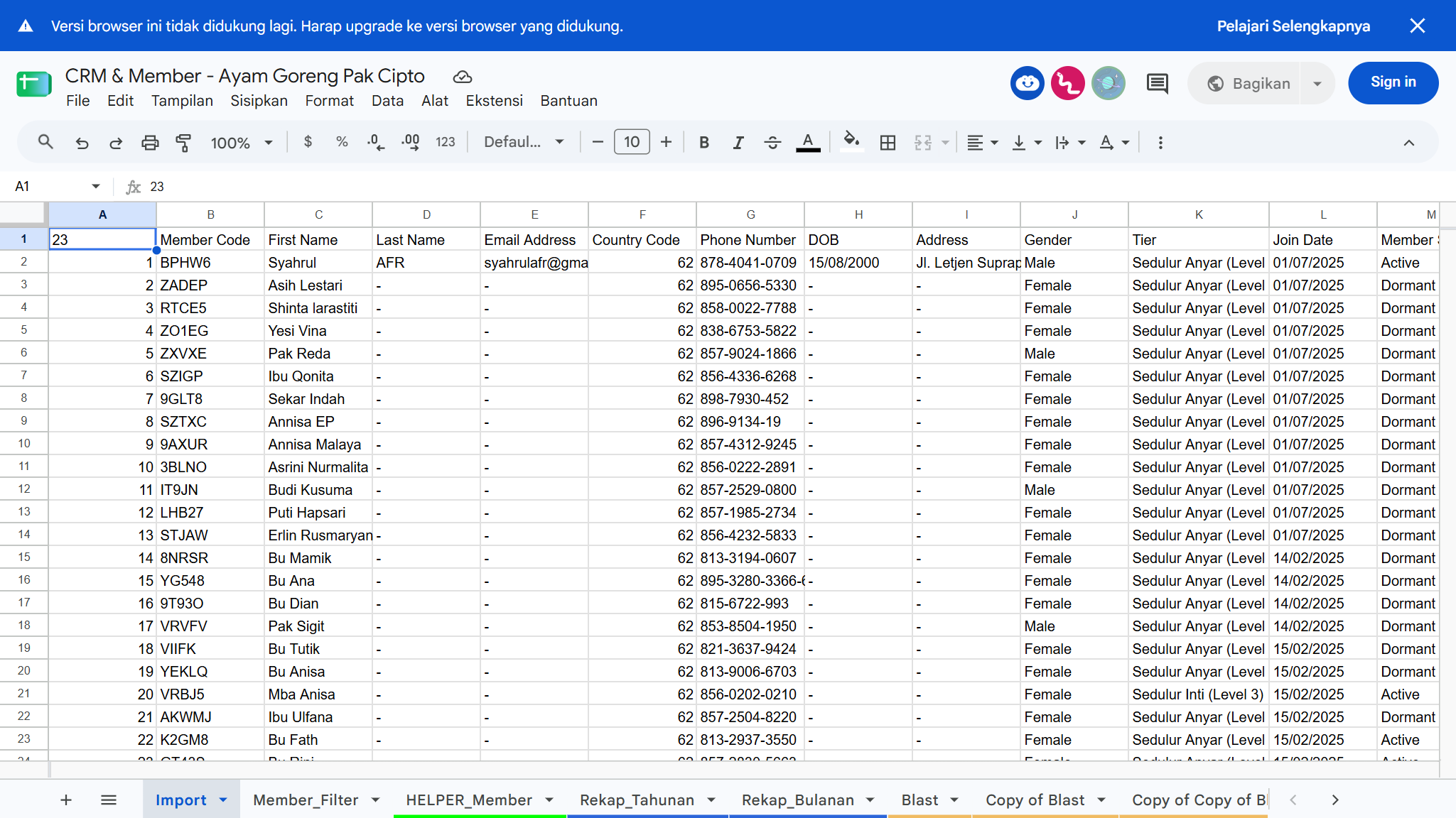 Antarmuka Tab AUDIT_Promo & SSOT CRM Google Sheets