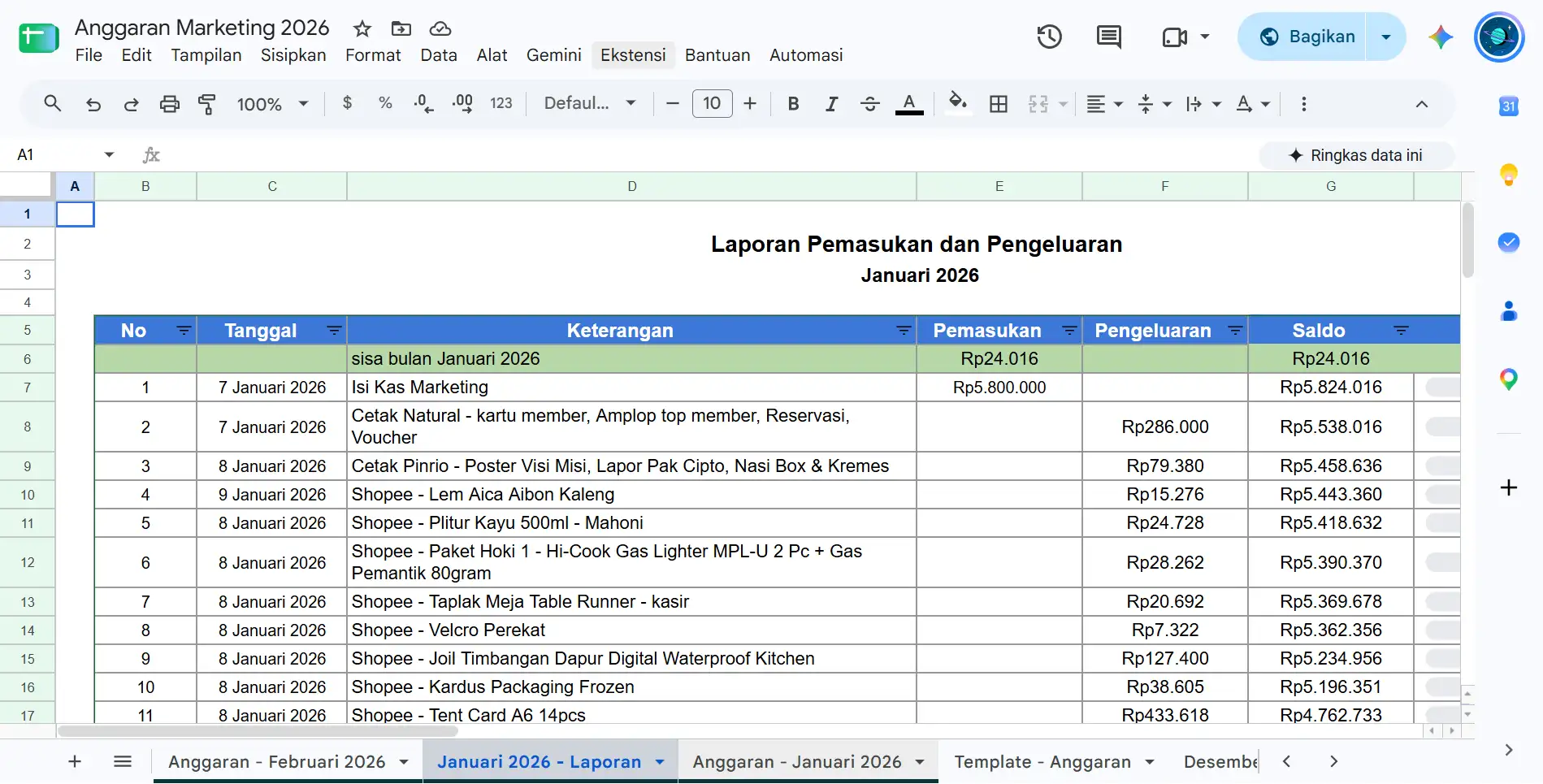 Laporan Buku Kas Pemasukan dan Pengeluaran