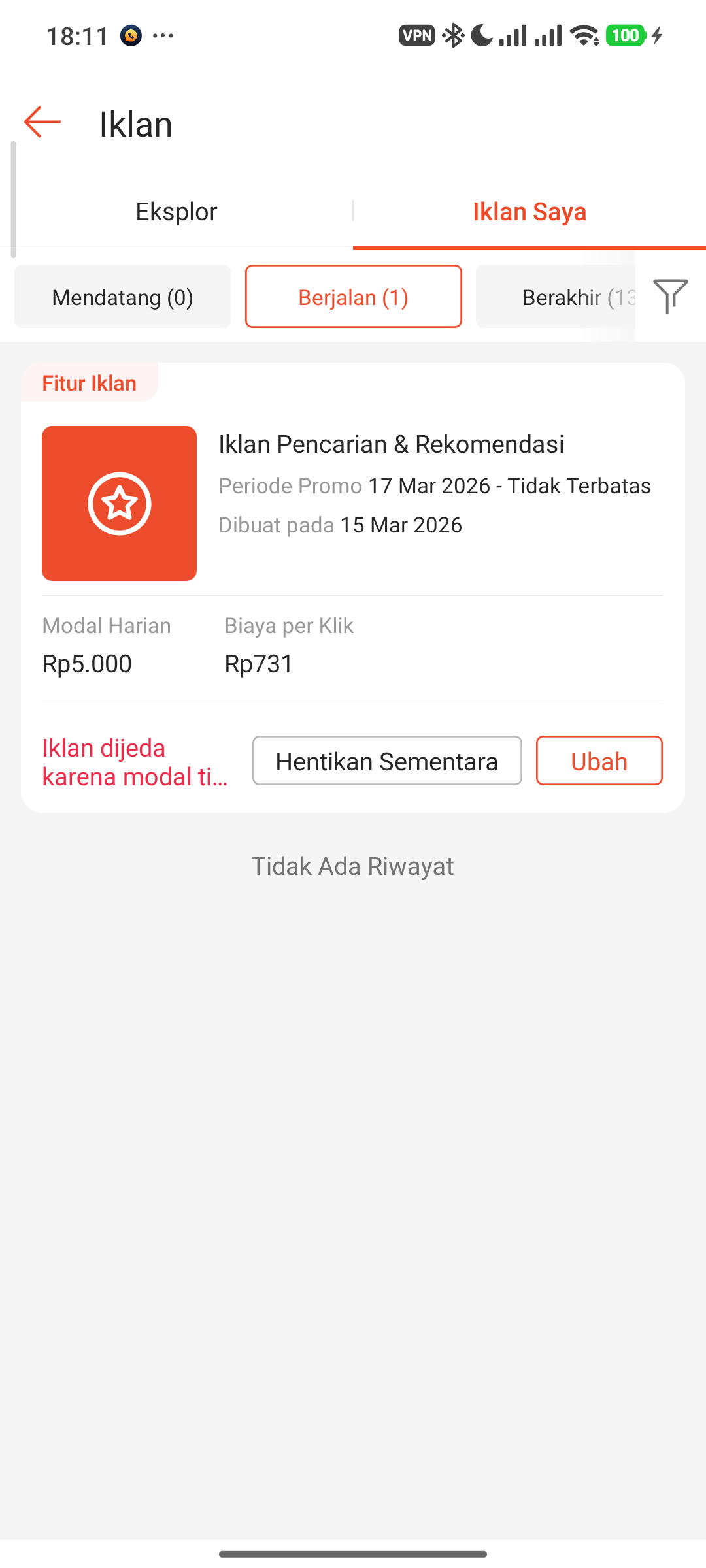 Dashboard Iklan ShopeeFood Live