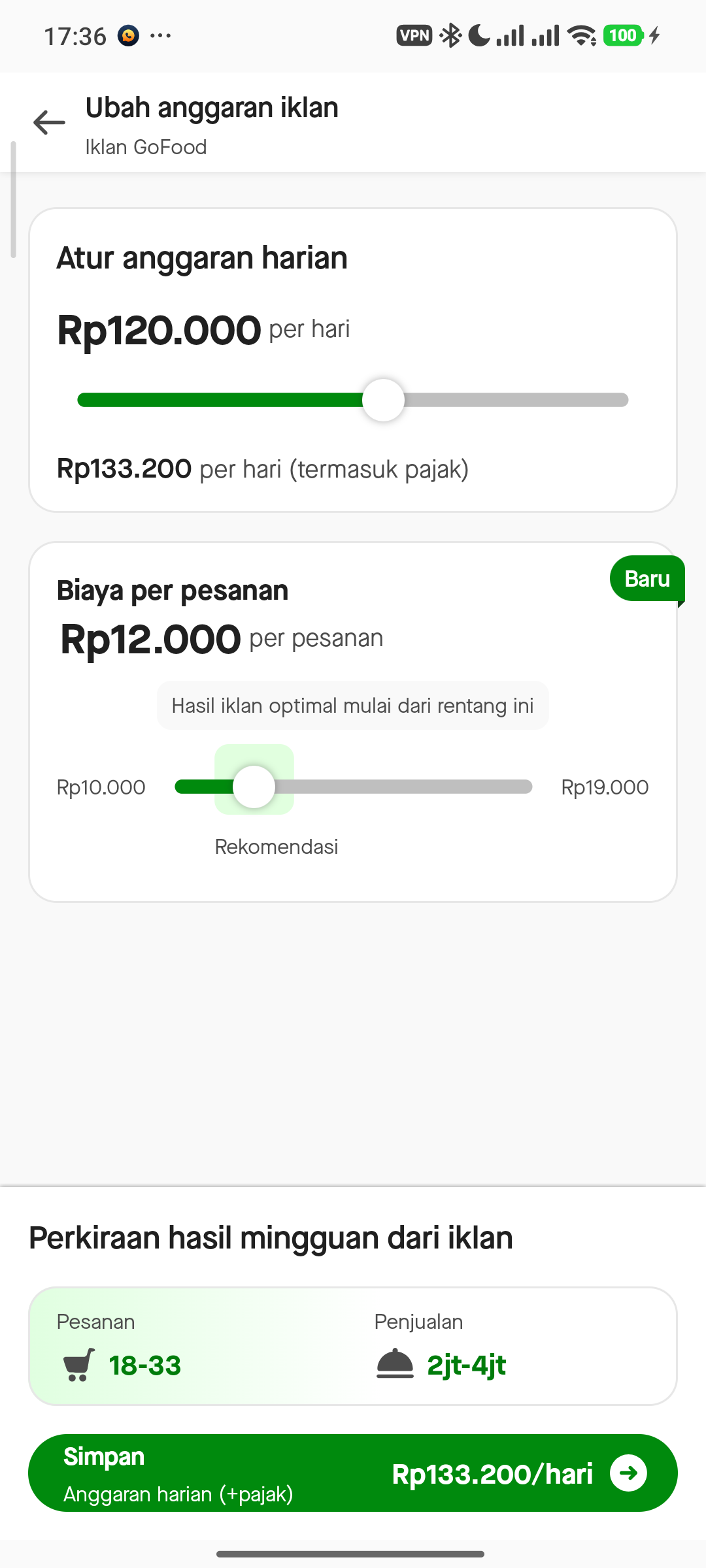 Slider CPO dan Anggaran Harian GoFood Ads