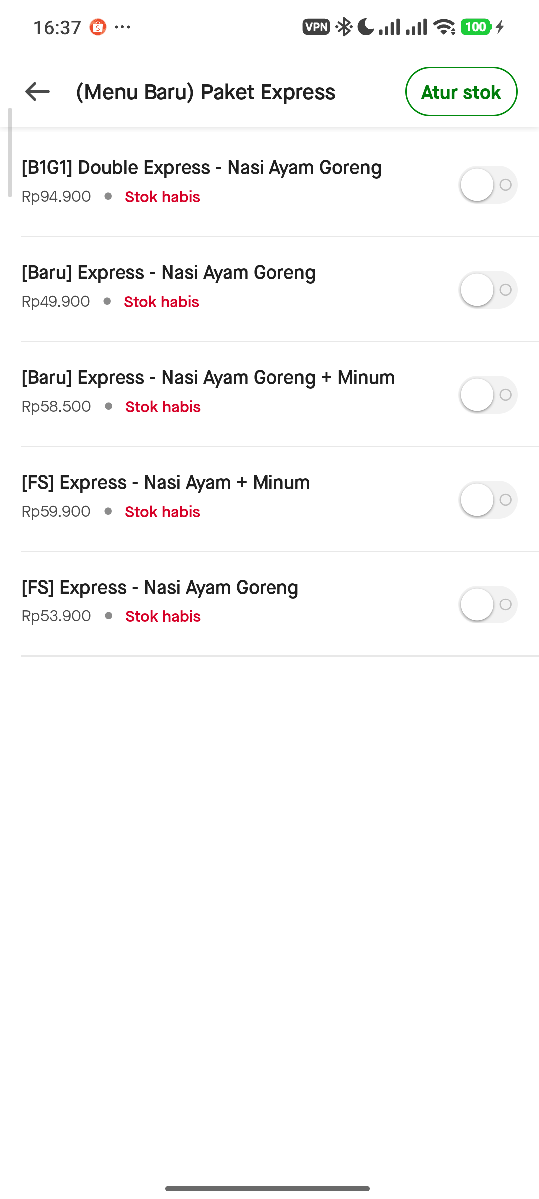 Daftar Menu Paket Express & Toggle Stok