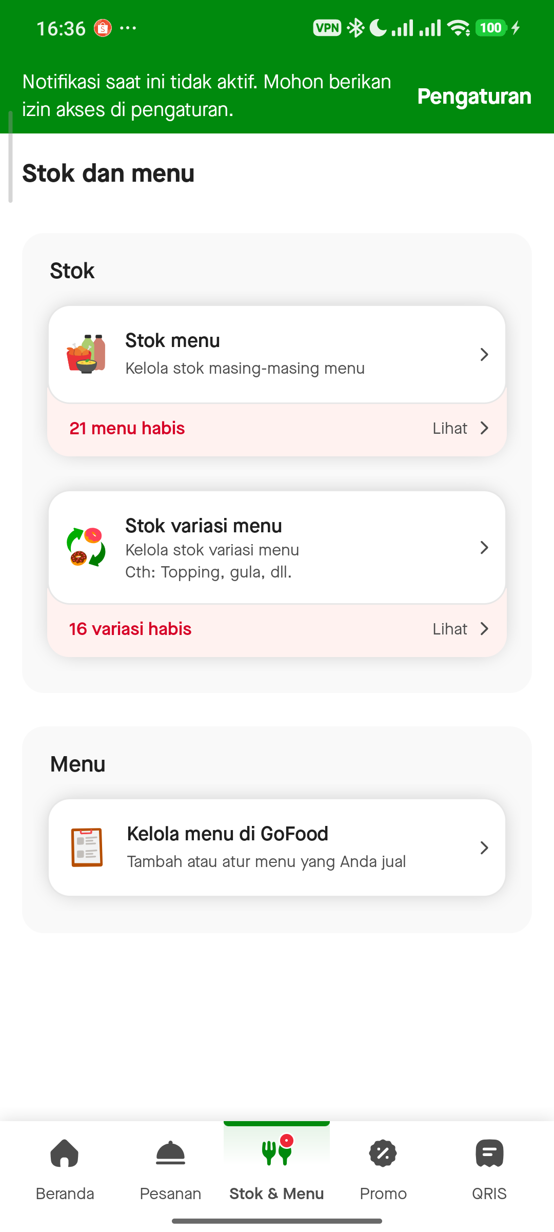 Halaman Stok dan Menu GoBiz