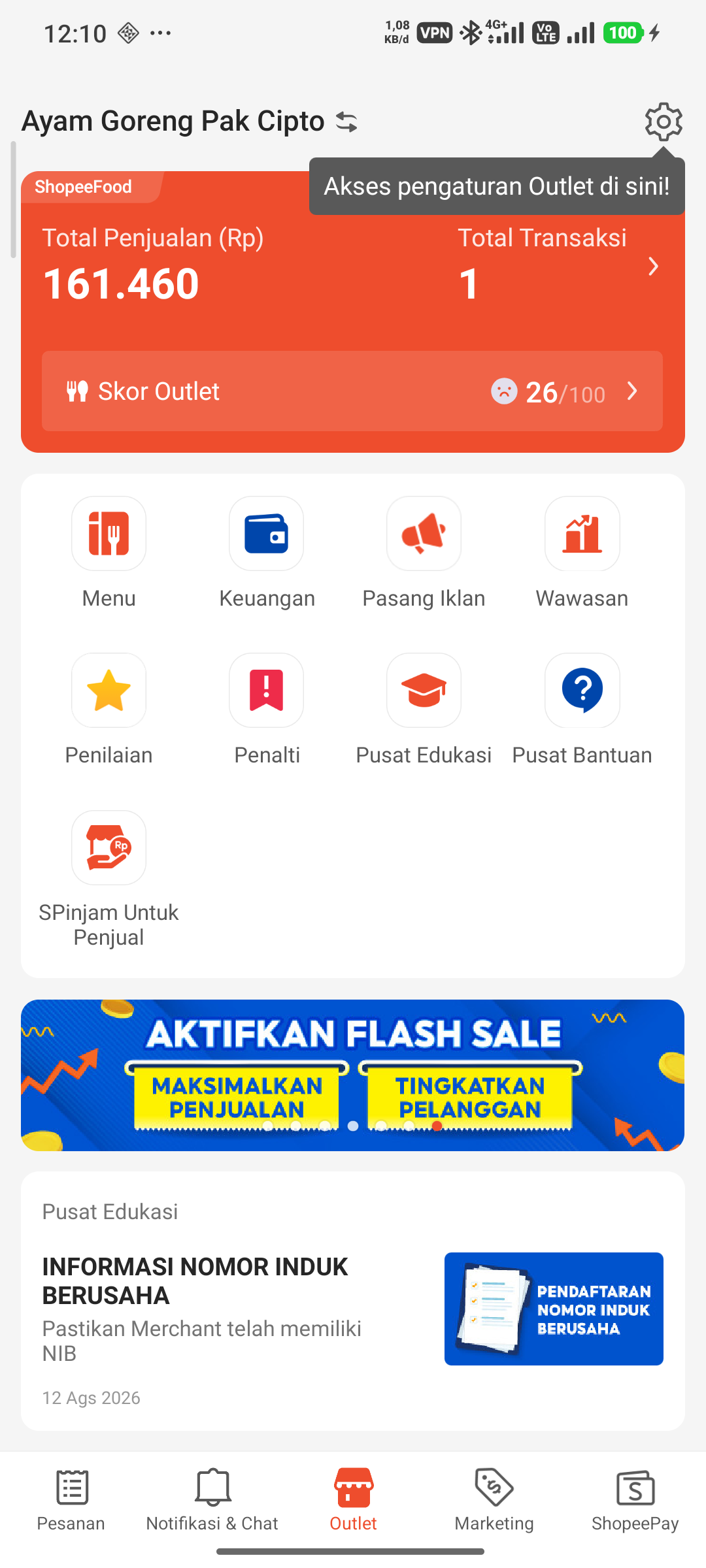 Pengaturan Outlet & Menu Shopee