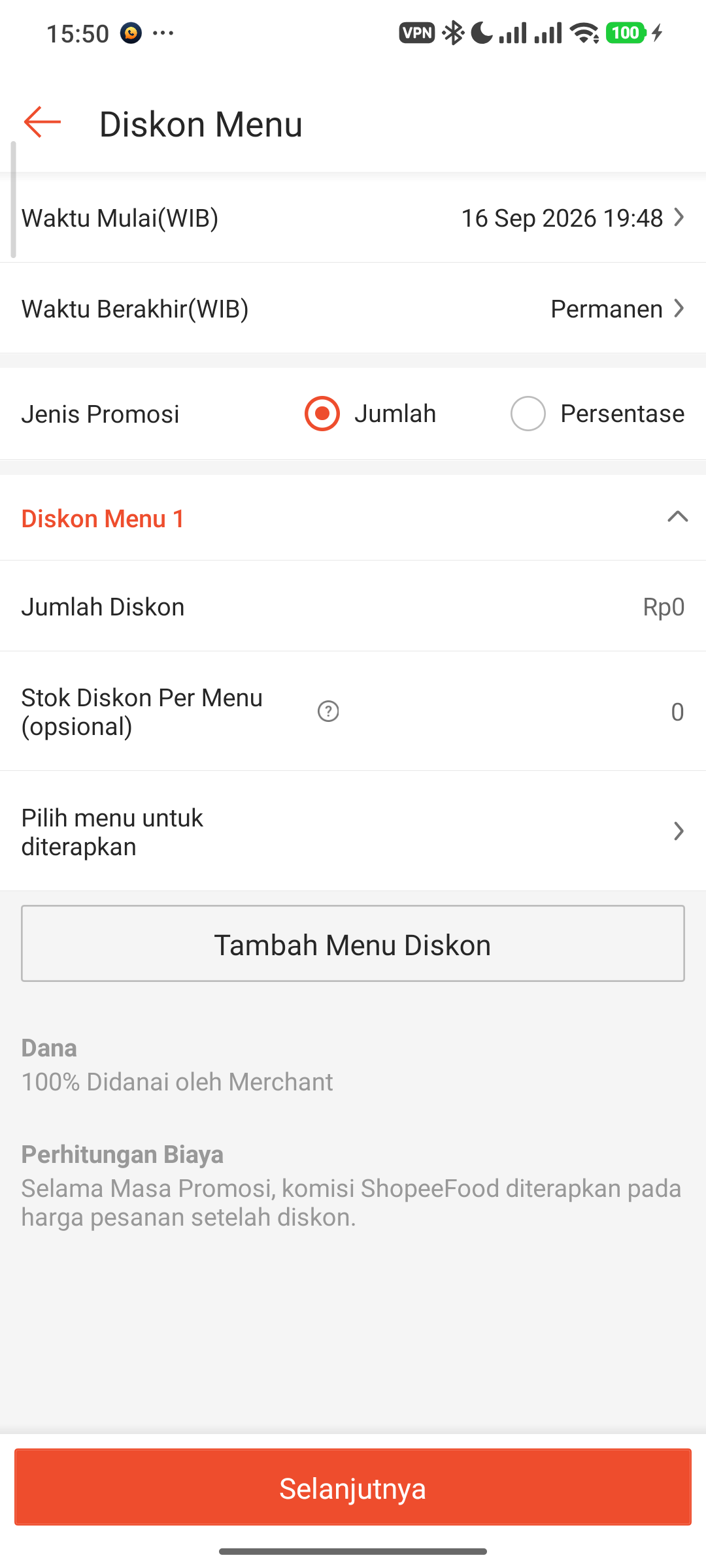 Pengaturan Periode Diskon Menu