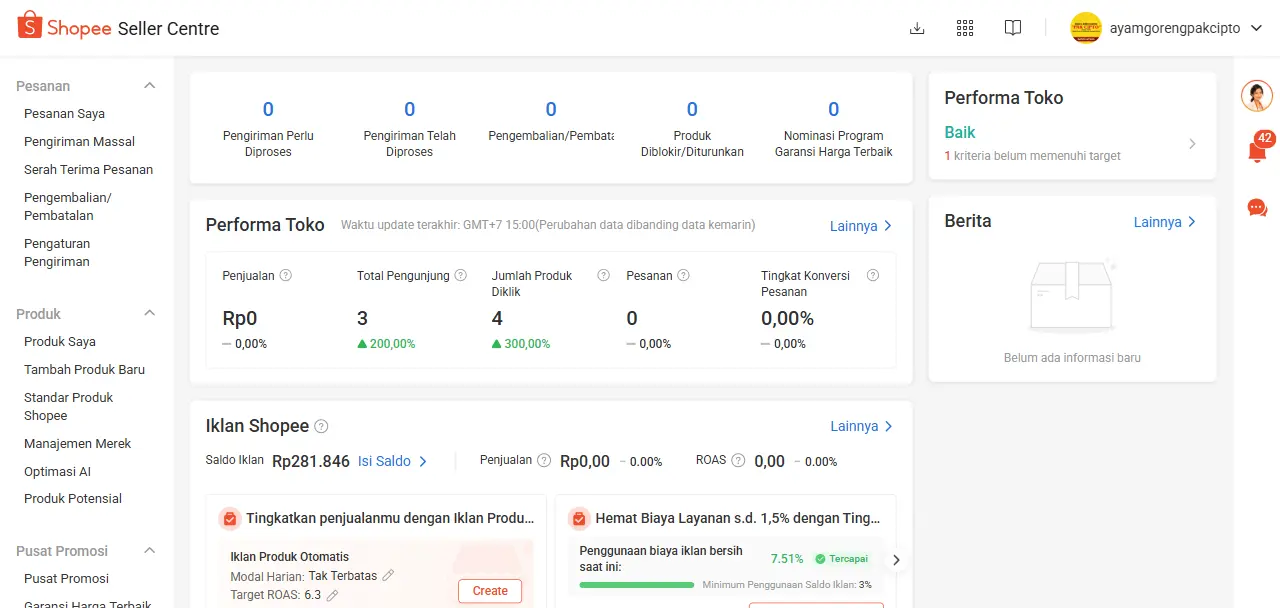 Dashboard Beranda Shopee Seller Centre