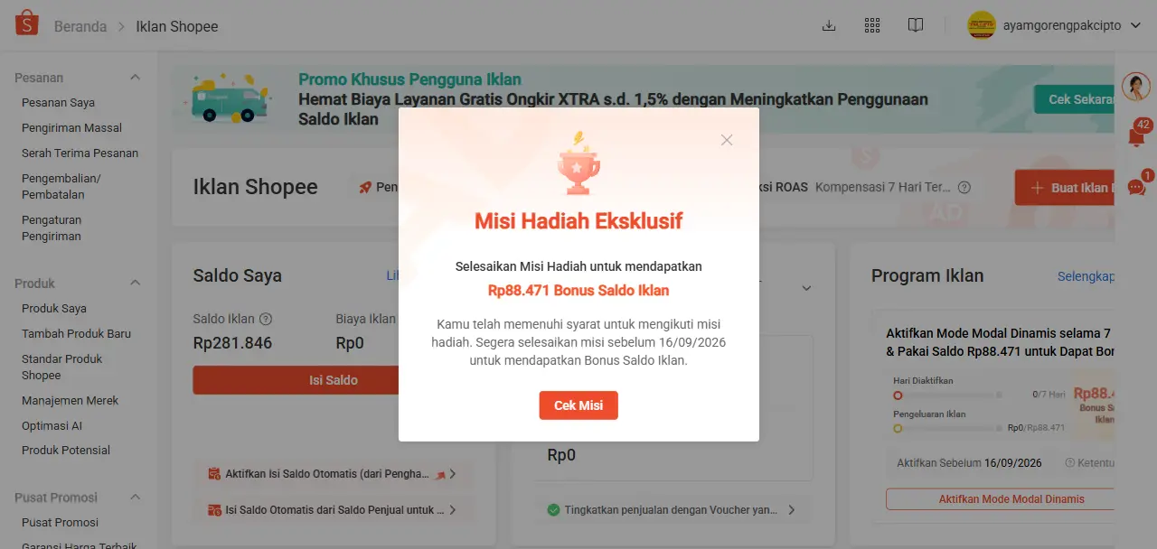 Dashboard Iklan Shopee PAS