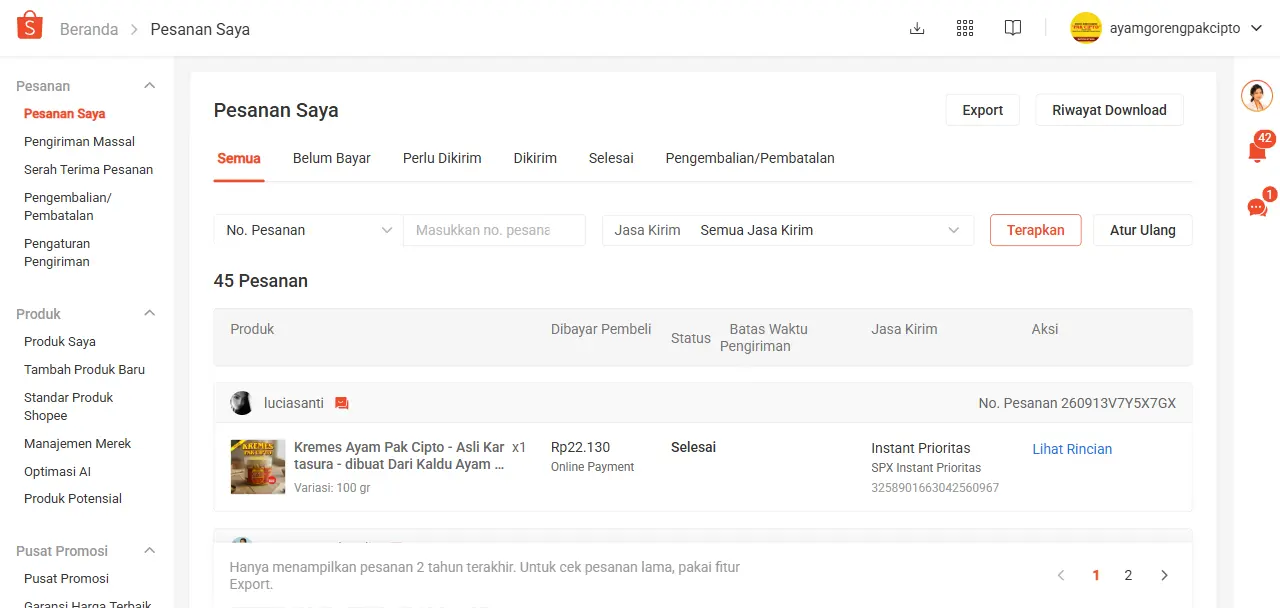 Manajemen Pesanan Saya Shopee Seller