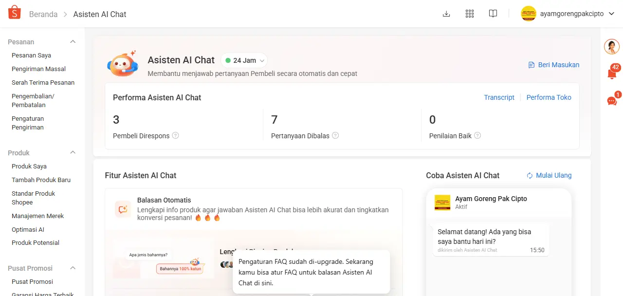 Dashboard Asisten AI Chat Shopee