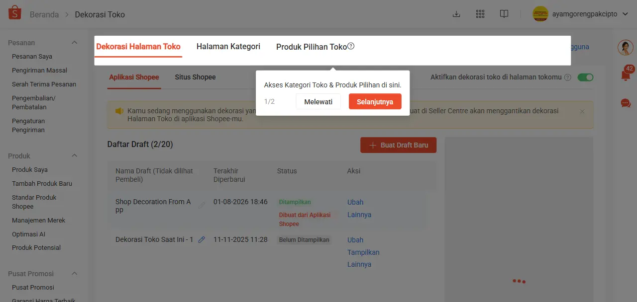 Dashboard Pengaturan Dekorasi Toko Shopee