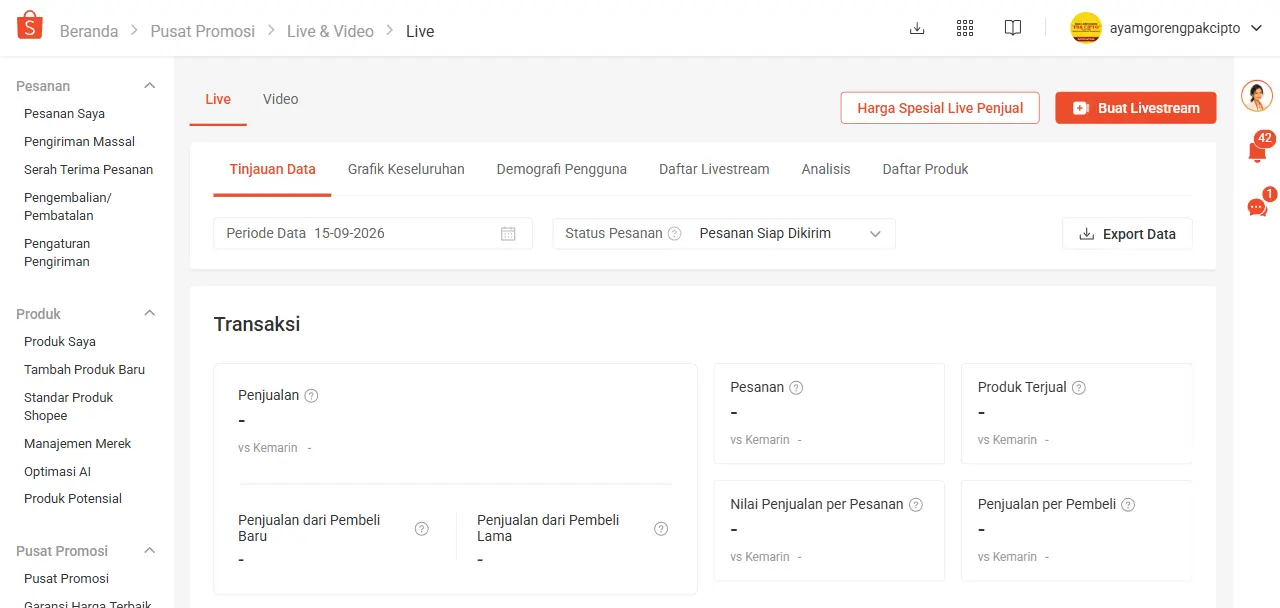 Dashboard Live dan Video Creator Center Shopee