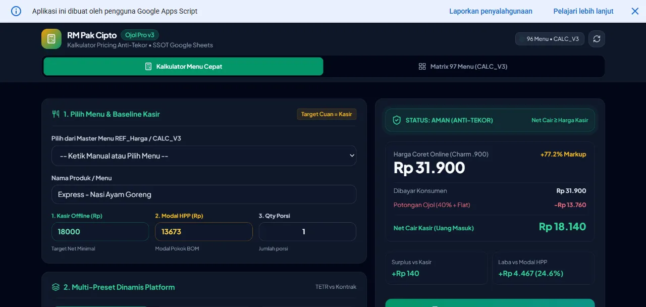 Kalkulator Ojol Anti-Tekor RM Pak Cipto